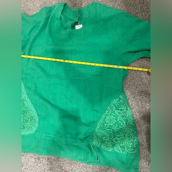 LaBass Tunic  Women Short Sleeve Embroidered Green 100% Linen Italy One Size - Picture 5 of 11